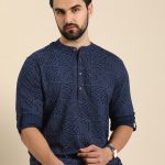 Anouk Men Geometric Printed Cotton Indigo Short Kurta