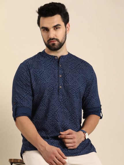 Anouk Men Geometric Printed Cotton Indigo Short Kurta