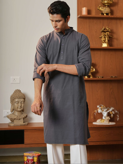 Anouk Men's Classic Grey Solid Cotton Straight Long Kurta