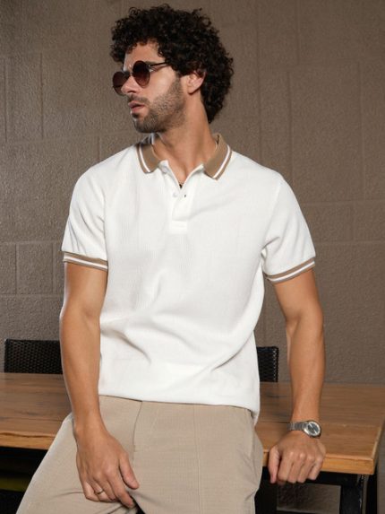 Campus Sutra Men Self Design Polo Collar Cotton T-shirt