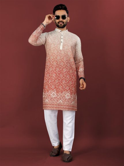 CHARLOTTE GRACIOUS Floral Printed Band Collar Thread Work Straight Kurta