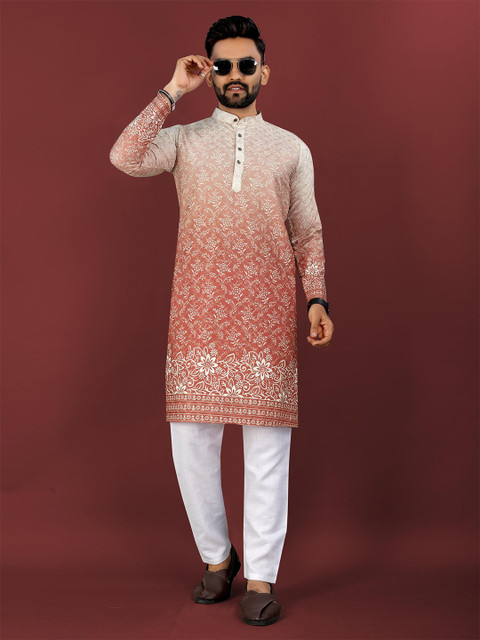CHARLOTTE GRACIOUS Floral Printed Band Collar Thread Work Straight Kurta