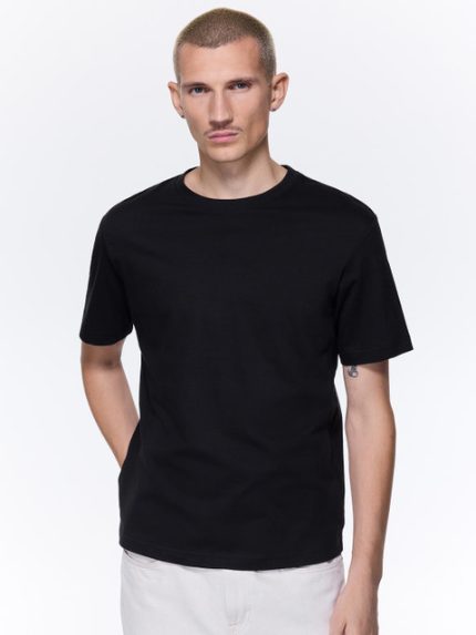 HM Men Black Solid Cotton Pure Cotton T-shirt Regular Fit