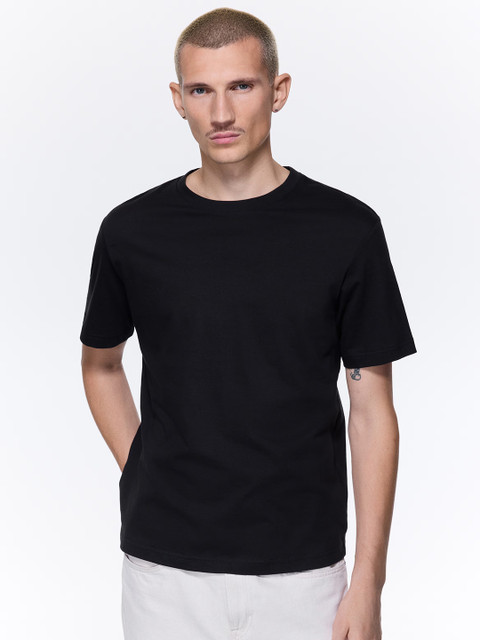 HM Men Black Solid Cotton Pure Cotton T-shirt Regular Fit