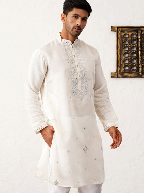 Jompers Floral Embroidered Mirror Work Mandarin Collar Cotton Silk Straight Republic Day Republic Day Kurta
