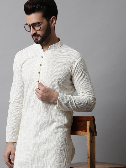 Jompers Men Cream-Coloured Ethnic Motifs Embroidered Cotton Kurta