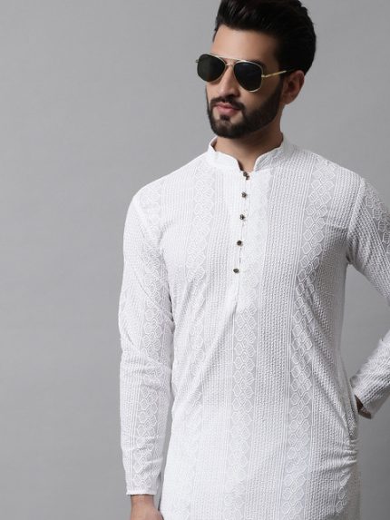 Jompers Men White Cotton Embroidered Chikankari Republic Day Republic Day Kurta