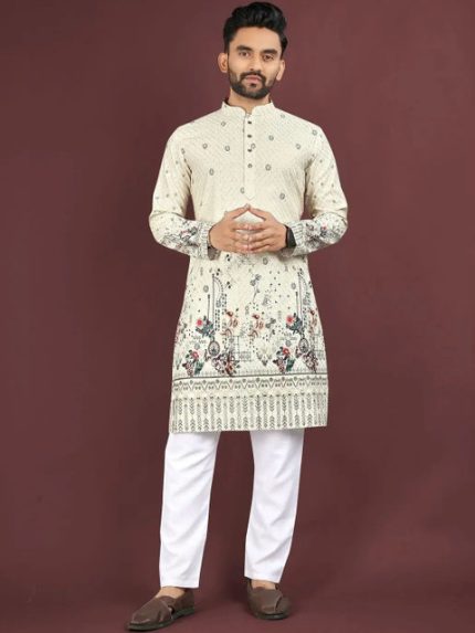 KURTA WALLAH Men Geometric Printed Thread Work Floral Kurta
