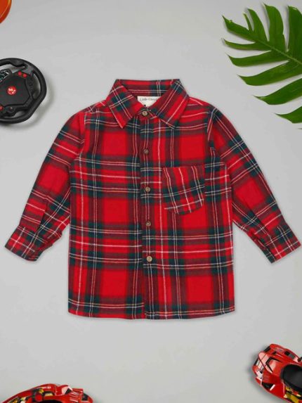 LITTLE GINNIE Boys Tartan Checked Spread Collar Cotton Casual Shirt