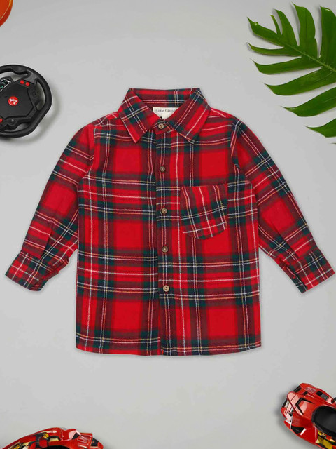LITTLE GINNIE Boys Tartan Checked Spread Collar Cotton Casual Shirt