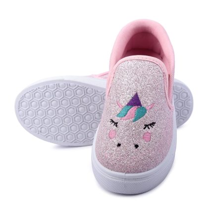 Myau Girls' Glitter Embroidery Design Slip-On Shoes, Casual Sneakers for 3-8 Years