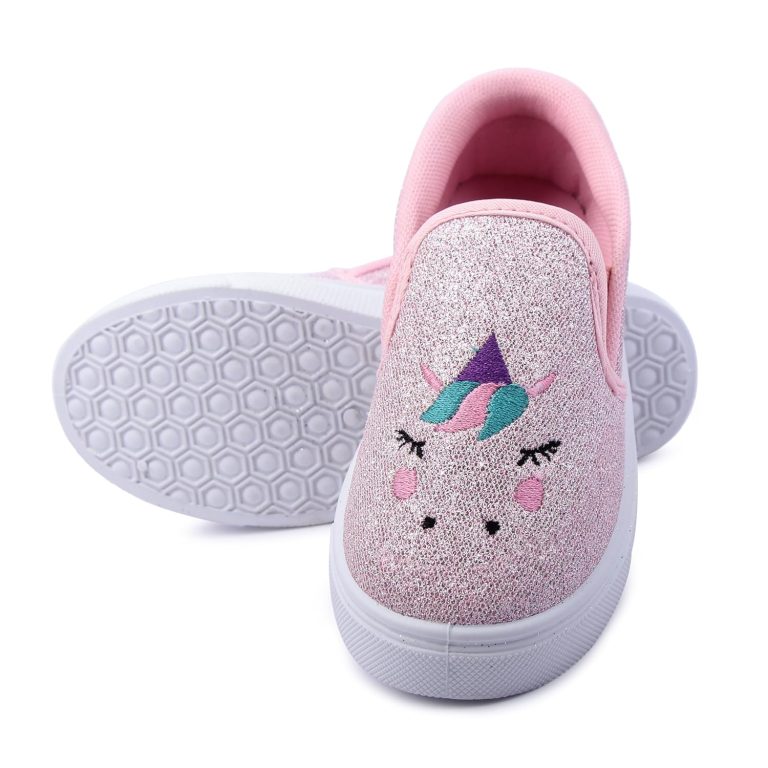 Myau Girls' Glitter Embroidery Design Slip-On Shoes, Casual Sneakers for 3-8 Years