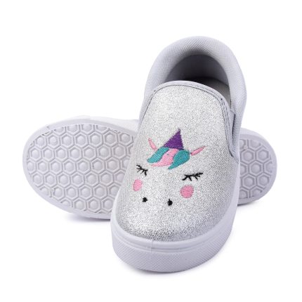 Myau Girls' Glitter Embroidery Design Slip-On Shoes, Casual Sneakers for 3-8 Years