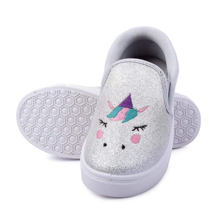 Myau Girls' Glitter Embroidery Design Slip-On Shoes, Casual Sneakers for 3-8 Years