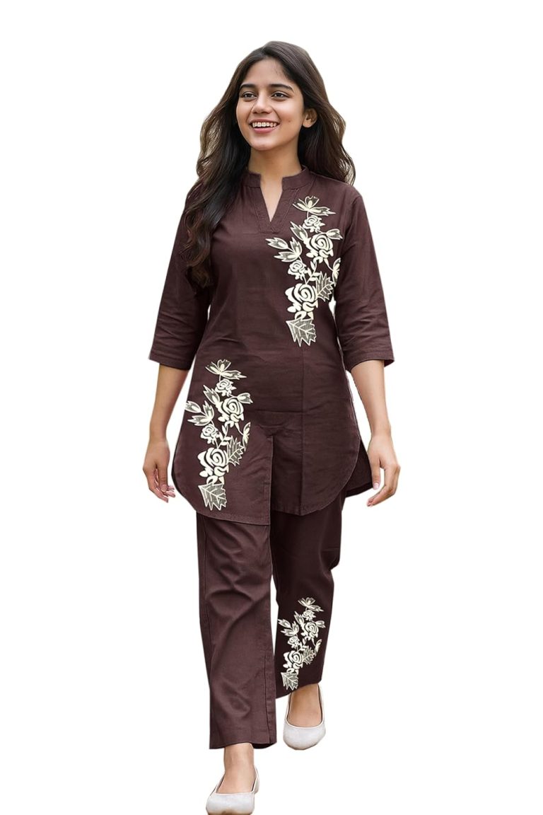 Sevgi Girl's Cotton Kurta Pant Set, with Floral Print, 3/4 Sleeve V-Neck