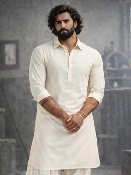 VASTRAMAY Shirt Collar Long Roll-Up Sleeves Regular Pathani Kurta