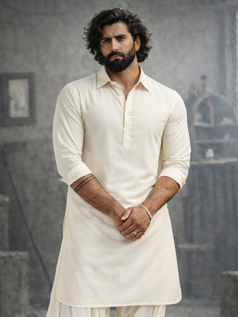 VASTRAMAY Shirt Collar Long Roll-Up Sleeves Regular Pathani Kurta