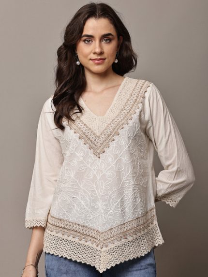 ZHOF Embellished Embroidered Bohemian Cotton Top