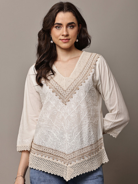 ZHOF Embellished Embroidered Bohemian Cotton Top